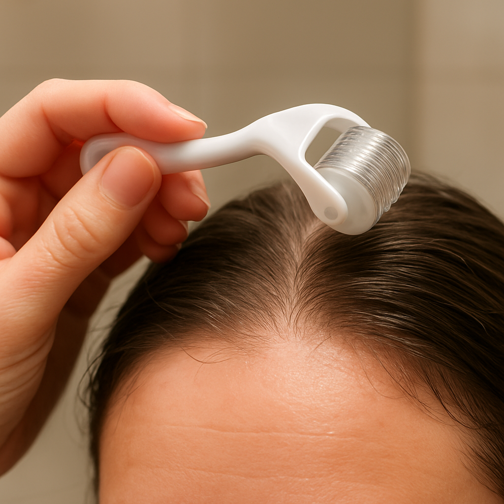 A close‑up of a hand holding a sterile 0.5 mm microneedle roller above a freshly washed scalp, with soft bathroom lighting. Alt: microneedling for hair loss at home preparation tools and scalp.
