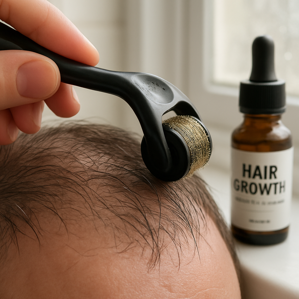 A close‑up of a hand holding a 0.5 mm titanium‑coated microneedle roller over a slightly damp scalp, soft natural light from a UK bathroom window, with a small bottle of hair growth serum beside it. Alt: Microneedling device for hair loss at home, showing needle detail and ergonomic handle.