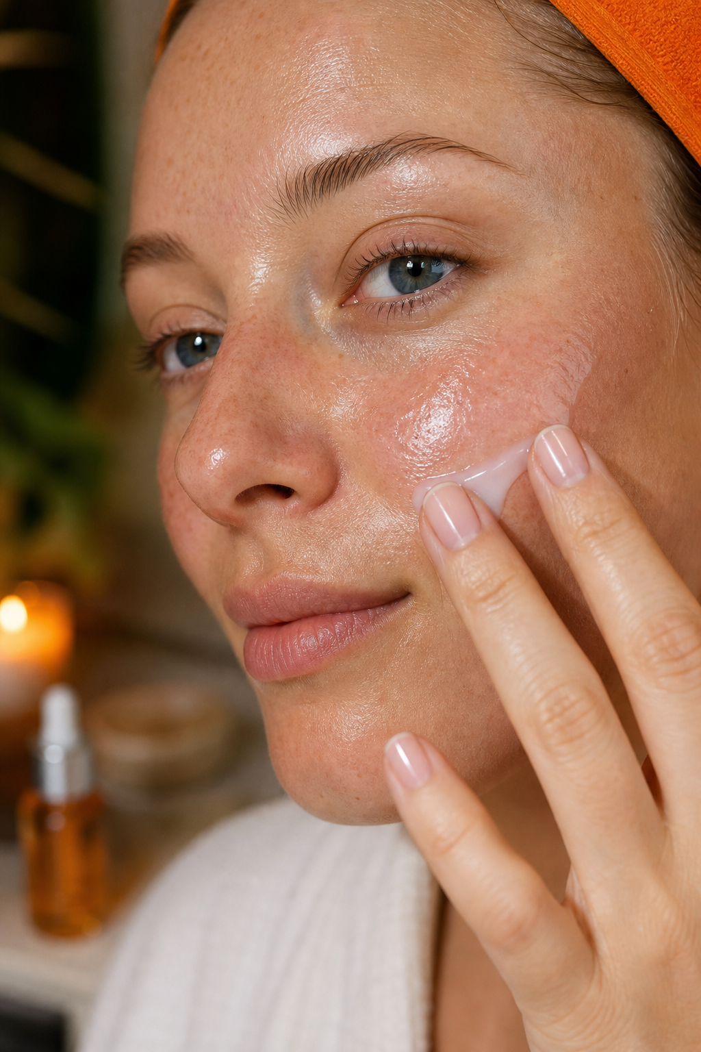A photorealistic close-up of a person's face with slight redness and glowing skin, applying a gentle moisturizer with clean fingertips. Alt: Aftercare for microneedling with PRP using a gentle moisturizer.