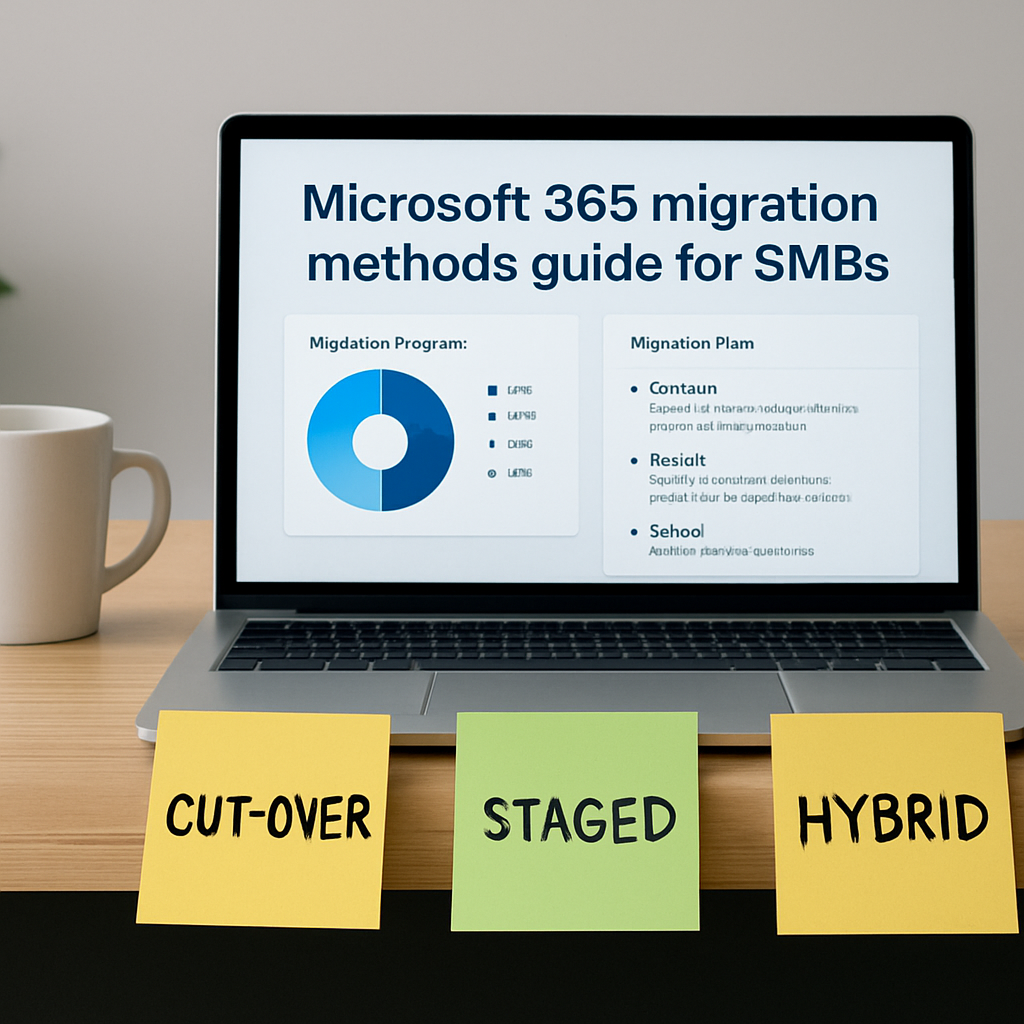 A modern office desk with a laptop displaying a Microsoft 365 migration dashboard, a coffee mug, and sticky notes outlining cut‑over, staged, and hybrid steps. Alt: Microsoft 365 migration methods guide for SMBs.