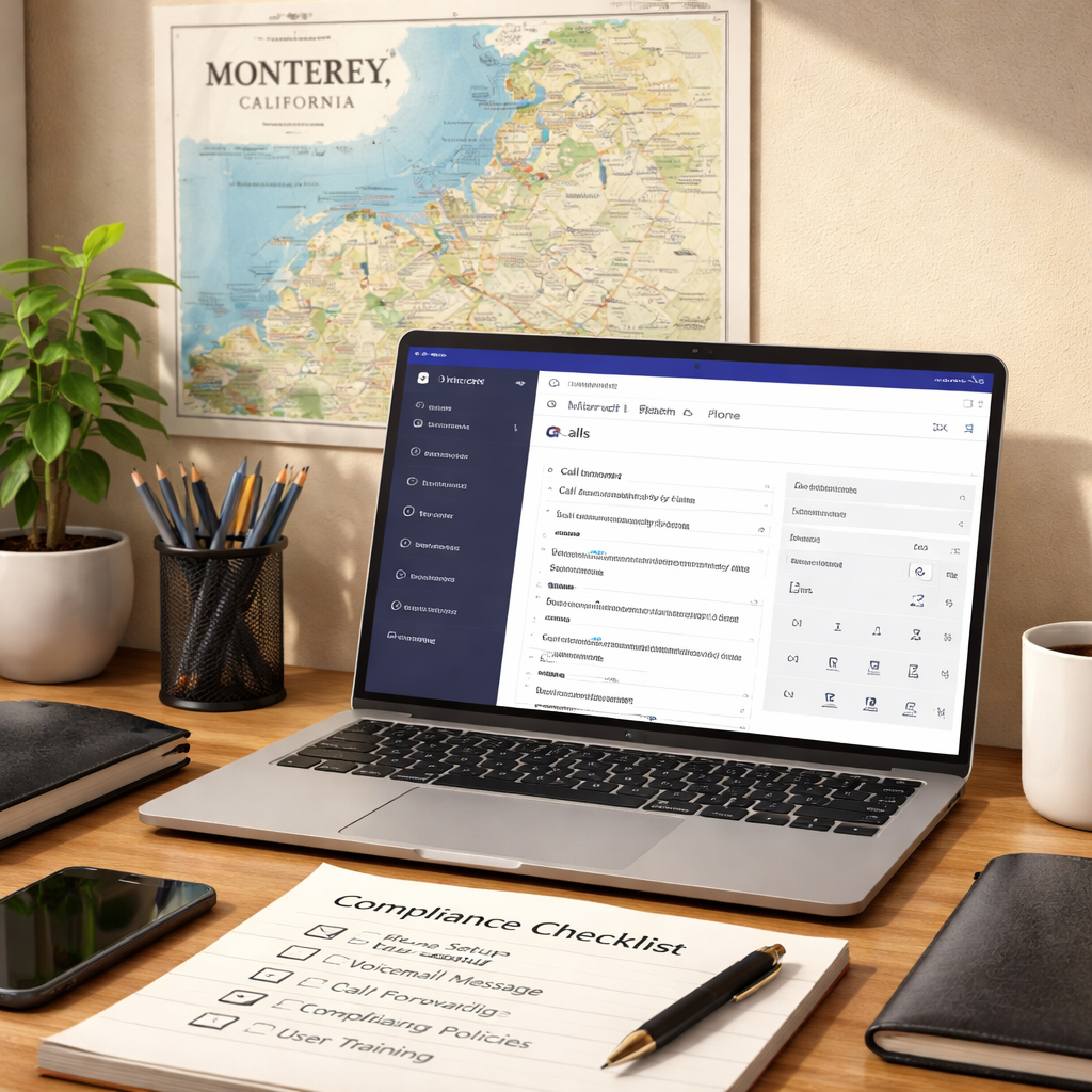 A photorealistic scene of a small Monterey office desk with a laptop displaying Microsoft Teams phone settings, a local map on the wall, and a compliance checklist visible on a notepad. Alt: Microsoft Teams phone system setup Monterey CA.