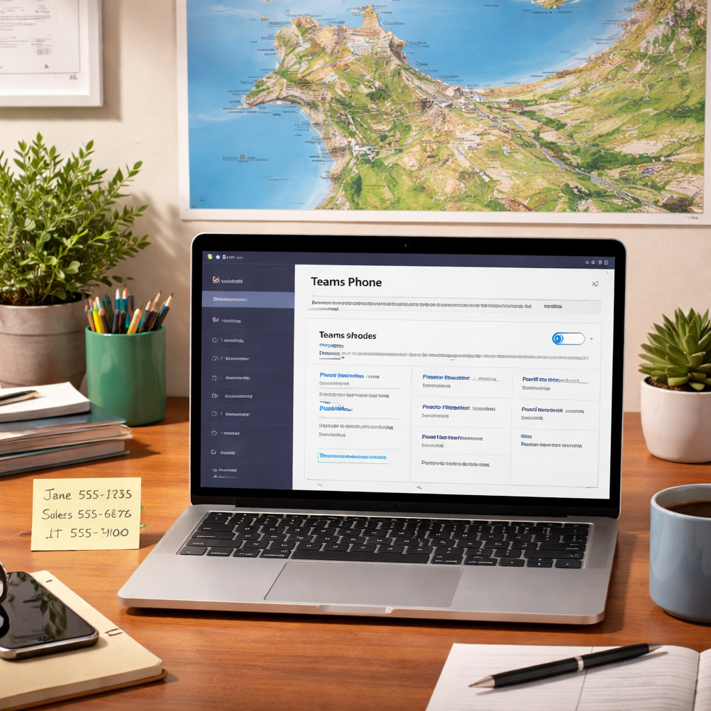A photorealistic scene of a Monterey office desk with a laptop showing Teams Phone admin settings, a sticky note with phone numbers, and a coastal map on the wall. Alt: Microsoft Teams phone system setup Monterey CA.