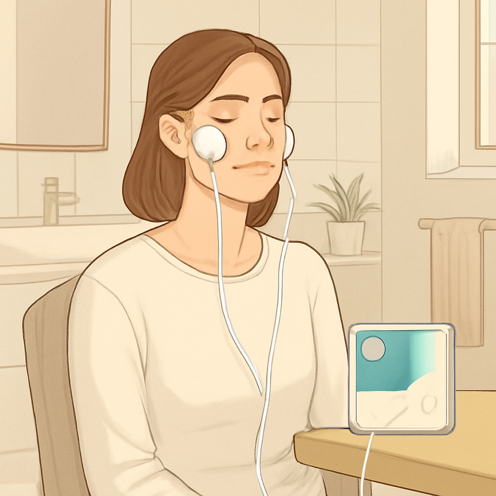 Een vrouw in een lichte, Nederlandse badkamer zit ontspannen op een stoel, Maghealy pads op haar gezicht, zachte verlichting, focus op huid, Alt: microstroom gezichtsbehandeling rimpels thuis met Maghealy integratie.