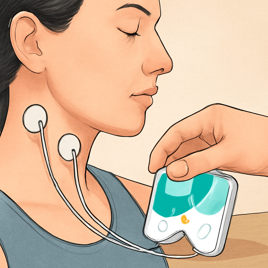 A close‑up of a hand placing microcurrent electrodes on a woman's neck, showing a sleek portable device on a coffee table. Alt: microstroom therapie bij nekpijn uitleg