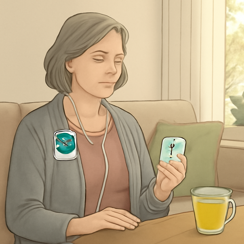 A middle-aged woman using Healy Frequency Device on a cozy Dutch living room sofa, soft natural light, with a cup of herbal tea beside her. Alt: microstroom therapie bij nekpijn evaluatie met Healy en Maghealy