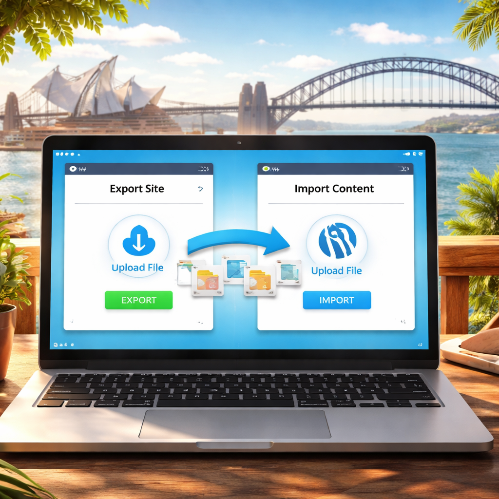 A laptop screen showing a Wix dashboard export panel next to a WordPress import screen, illustrating the transfer of content files. Alt: migrate from wix to wordpress export process illustration.