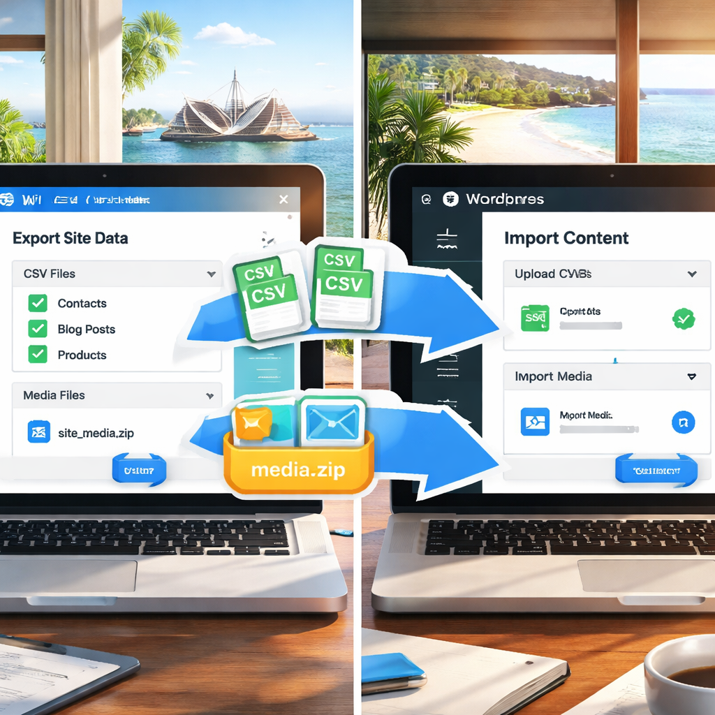 A split‑screen illustration showing a Wix dashboard export window on the left and a WordPress admin import screen on the right, with arrows indicating CSV and media files moving between them. Alt: migrate from wix to wordpress step‑by‑step import process visual guide.