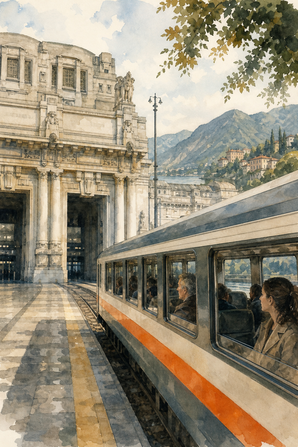 A watercolor illustration of a regional train departing Milano Centrale, showing the historic station façade and passengers looking out the windows. Alt: train from Milan to Como