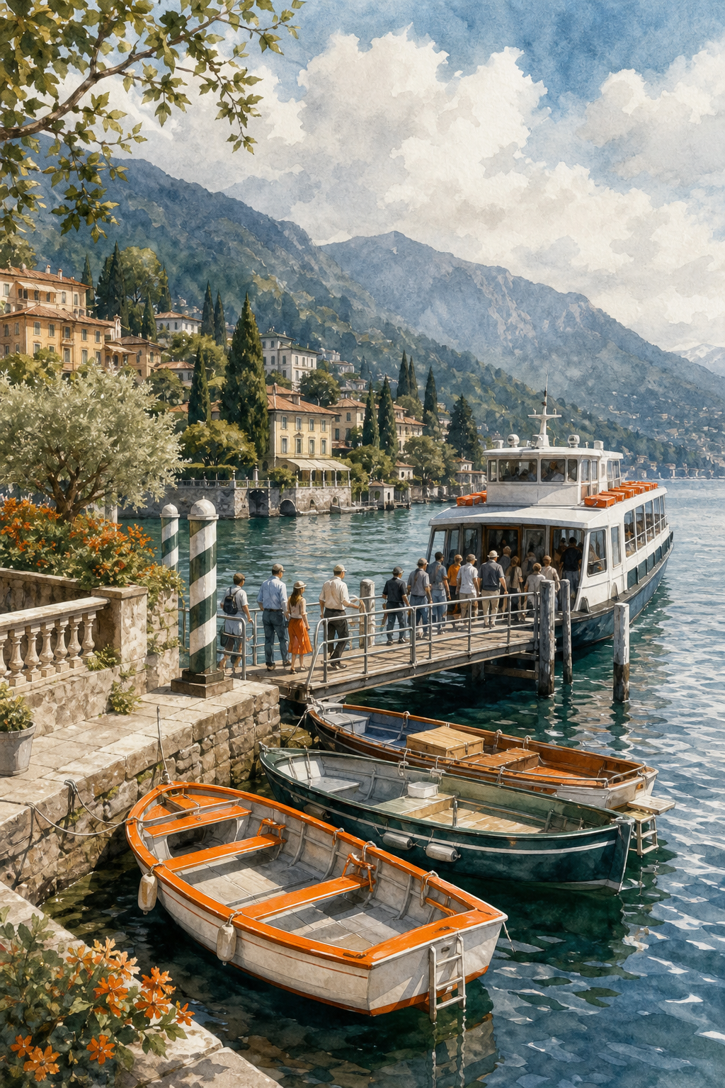 A watercolor scene of a lakeside ferry dock with colorful boats moored, passengers boarding for trips to Bellagio and Varenna. Alt: ferry service on Lake Como
