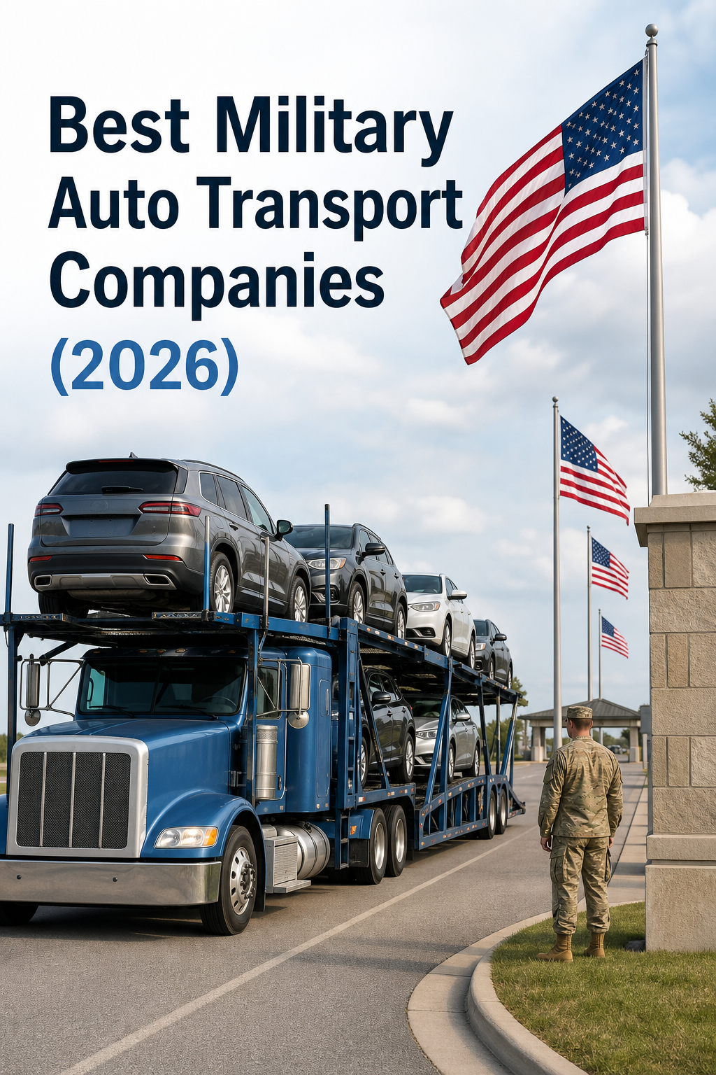 A photorealistic scene of a car carrier truck loaded with vehicles driving past a U.S. military base entrance with American flags visible along the road, natural daylight, documentary style. Alt: military auto transport carrier truck near military base entrance.