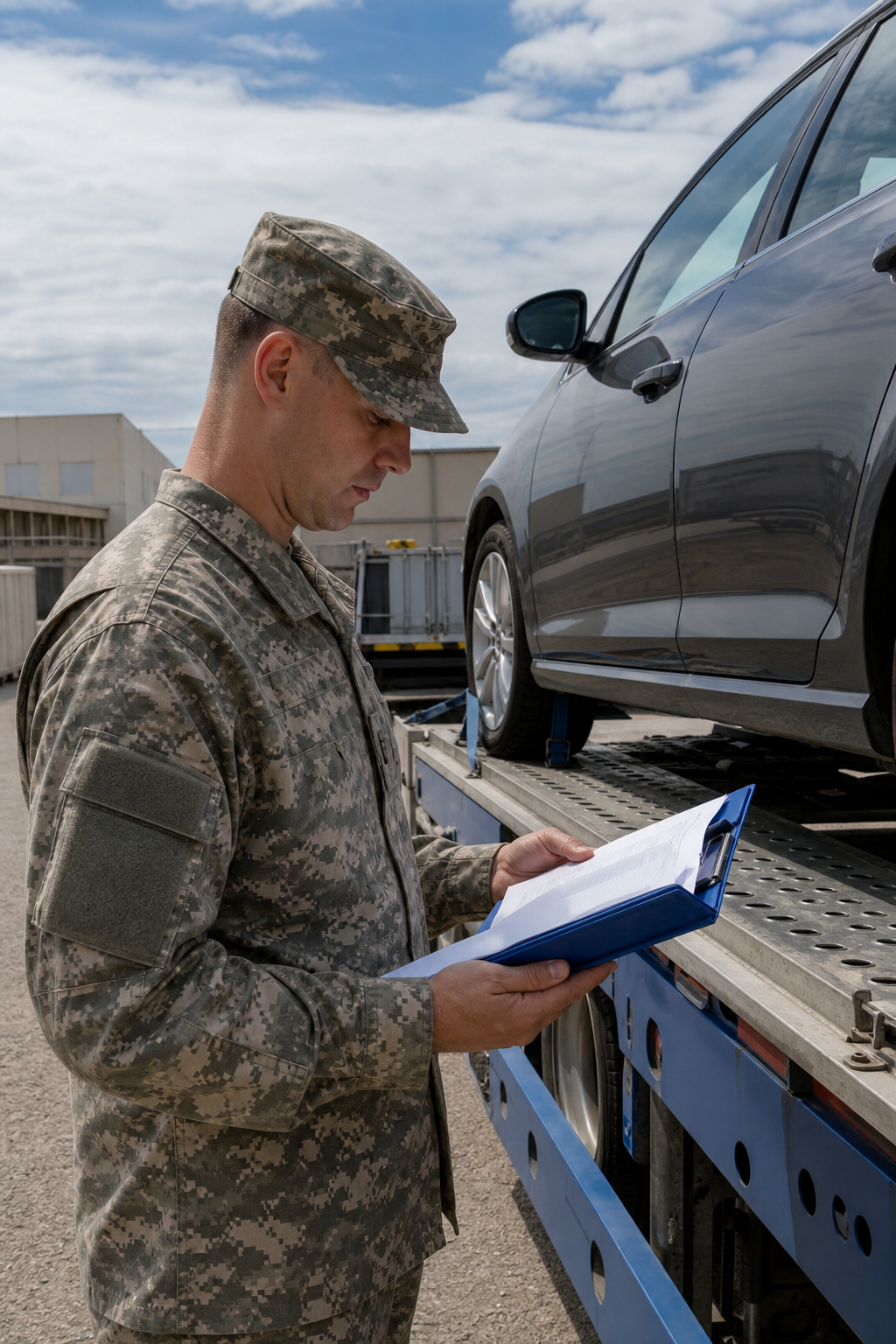 A photorealistic image of a military service member in uniform reviewing paperwork beside a car on a flatbed transport carrier at a military installation, daytime, documentary photography style. Alt: active duty military member arranging vehicle shipping during PCS move.