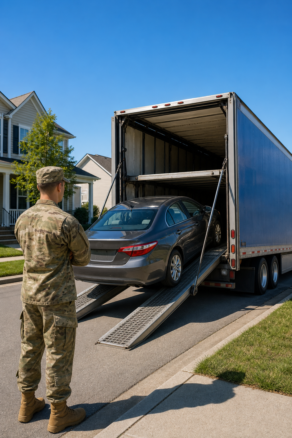 A photorealistic scene of a car being loaded onto an open transport carrier truck in a sunny residential neighborhood, with a uniformed service member watching the process, blue sky in the background. Alt: military car shipping with open carrier transport for PCS move.