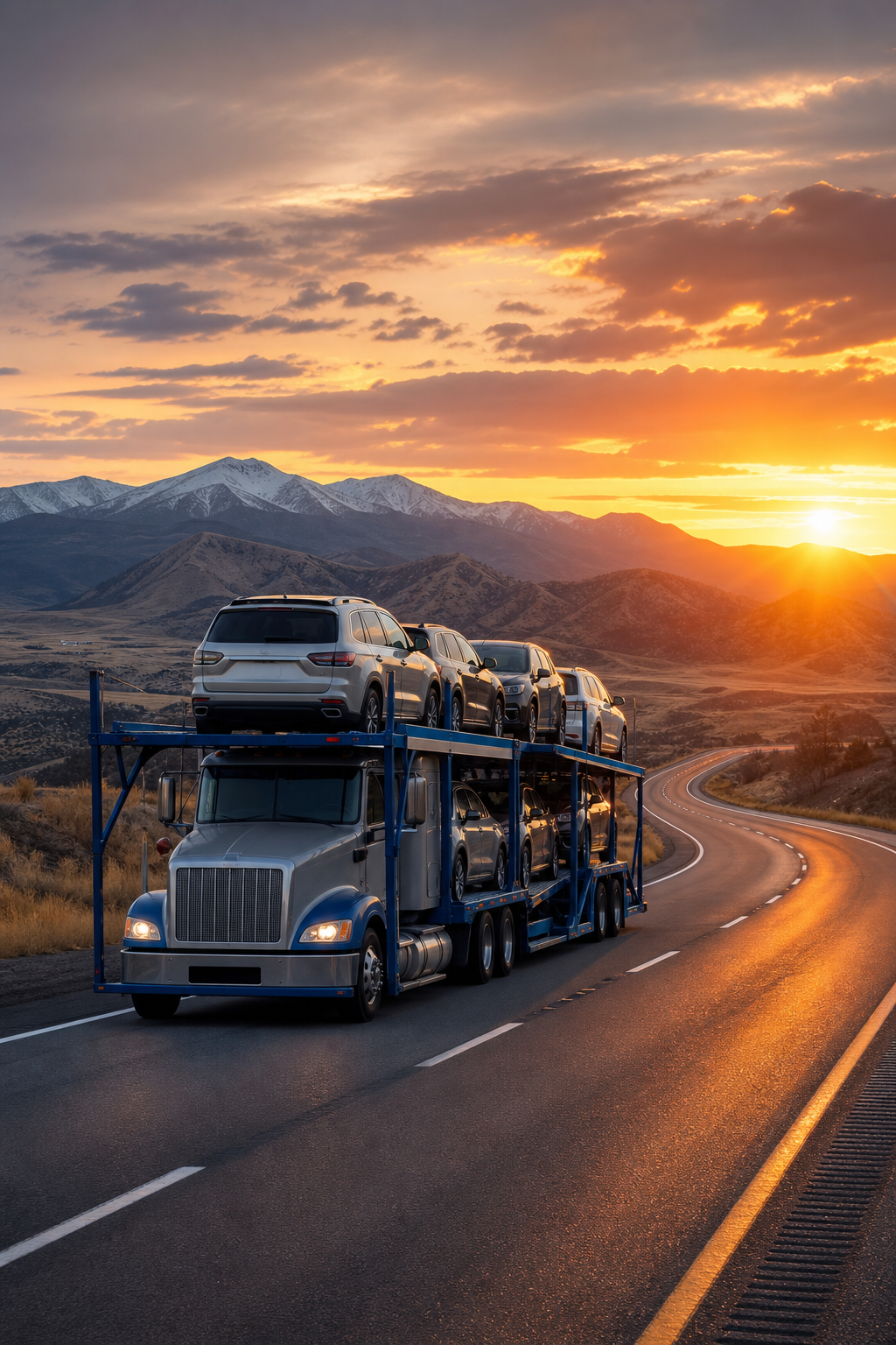 A wide shot of a car transport truck driving on an open highway at sunset with mountains in the background, symbolizing long-distance coast-to-coast vehicle shipping for military PCS moves. Alt: coast-to-coast car transport truck for military PCS relocation.