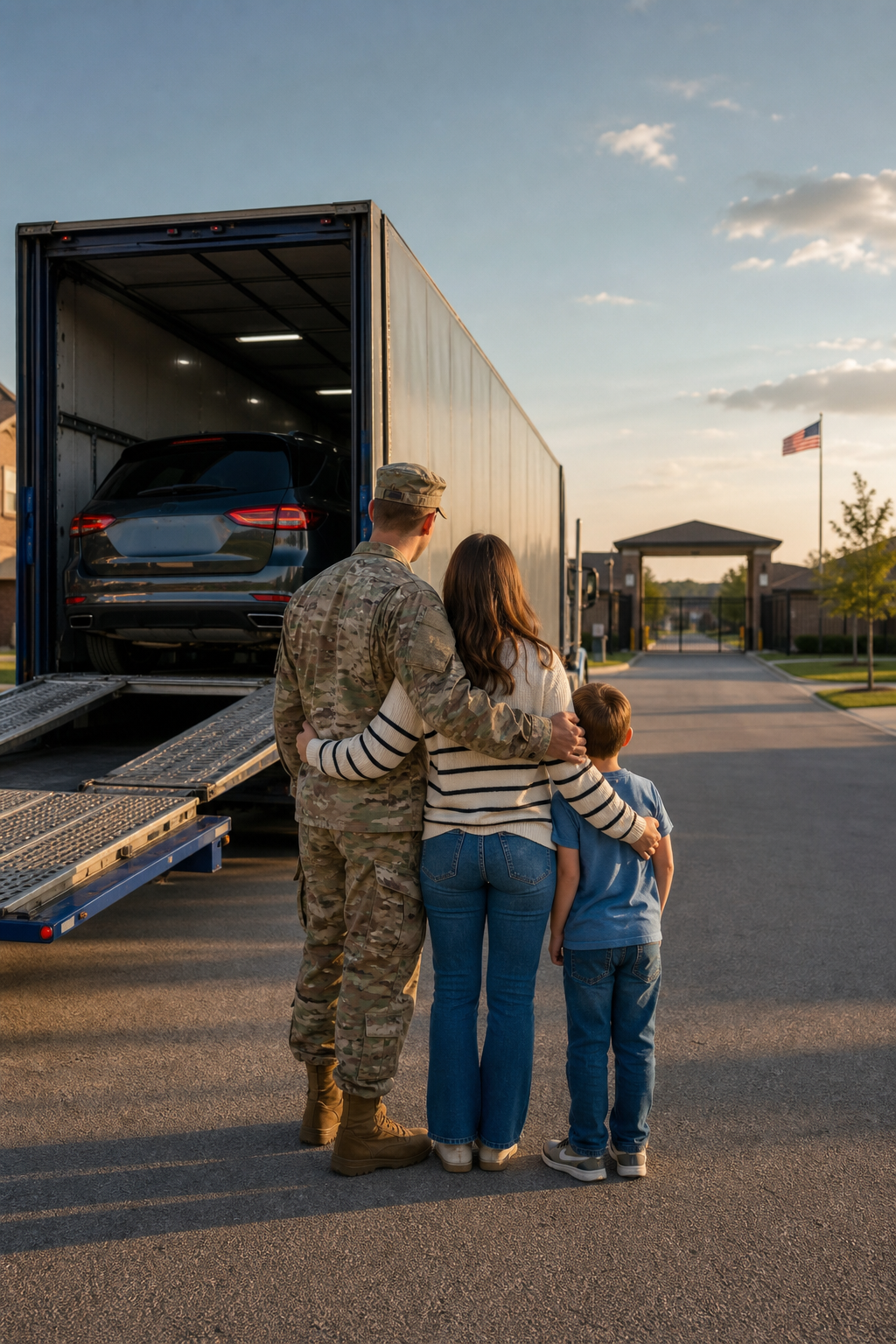 A realistic photo of a military family standing near an open car transport carrier truck in front of a suburban neighborhood, late afternoon light, with a US Army base gate visible in the background. Alt: military family car shipping with open transport carrier.