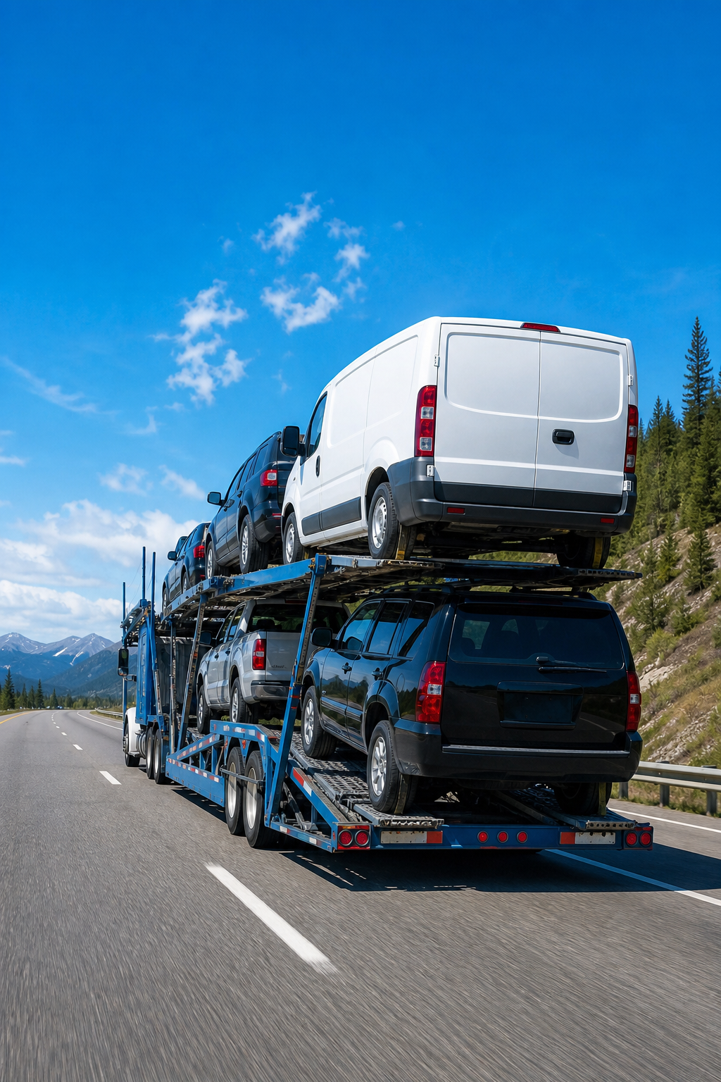 A wide-angle realistic scene of a fully loaded open car transport trailer on a sunlit highway, with multiple vehicles secured on two decks, American interstate landscape stretching into the distance. Alt: open car transport truck carrying vehicles on US interstate for military relocation.