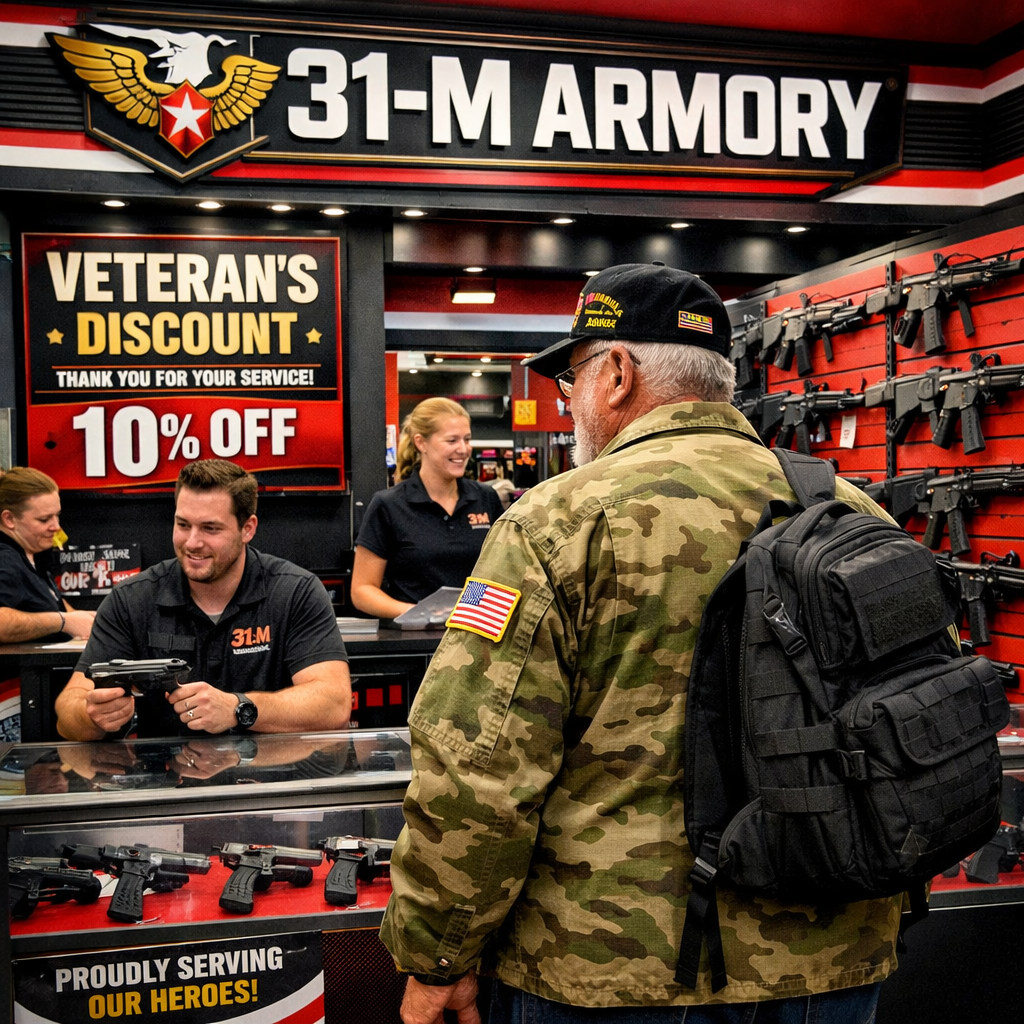 A realistic scene of a veteran walking into a firearms store, browsing racks of rifles and pistols, bright lighting, friendly staff assisting, alt: veteran shopping for firearms with discount