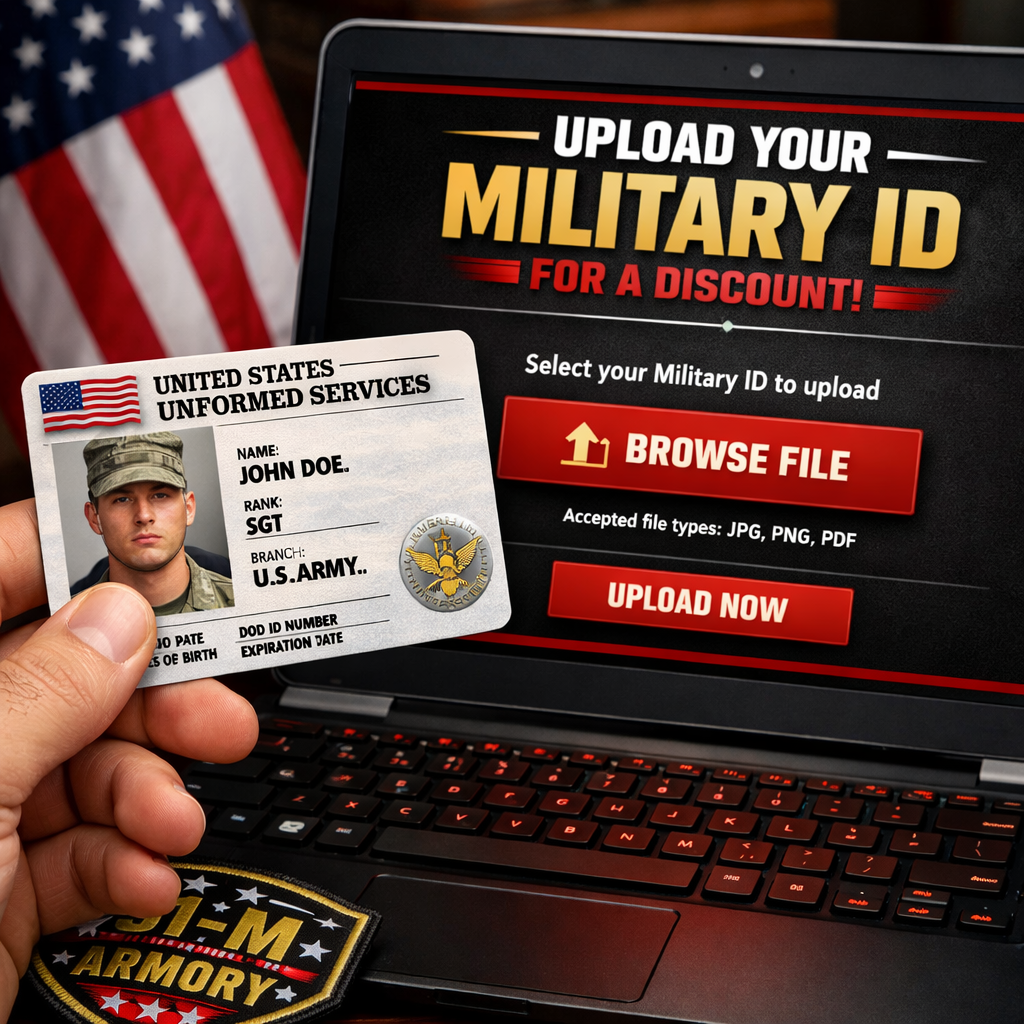 A realistic illustration of a hand holding a military ID next to a laptop screen showing an upload form, alt: uploading military ID for discount