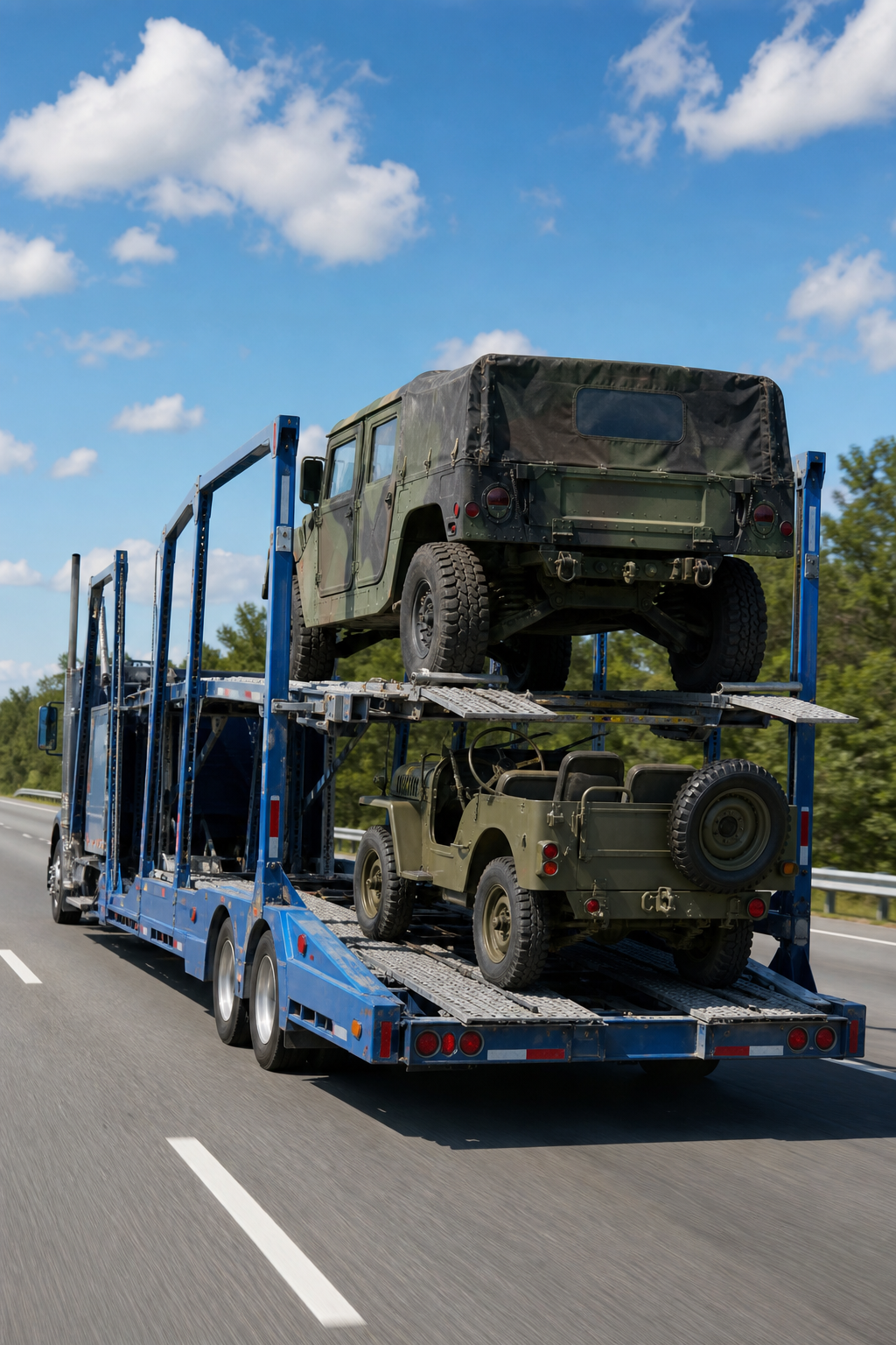 A realistic wide-angle photo of an open auto transport carrier truck loaded with two military surplus vehicles including a green humvee and a jeep, driving on a sunny interstate highway. Alt: open carrier auto transport for military surplus vehicles.