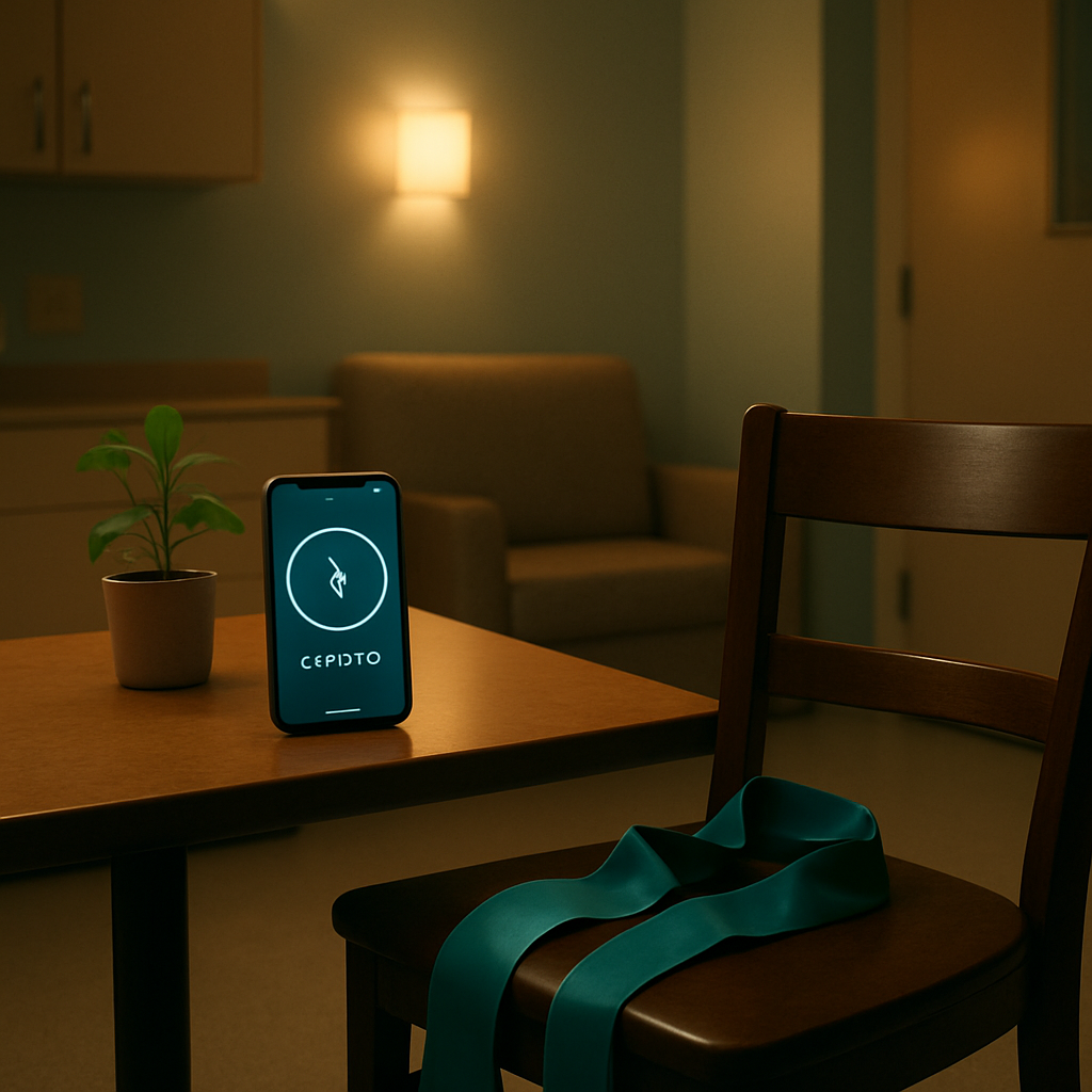A calm hospital break room with soft lighting, a small plant, a phone displaying a breathing timer, and a portable resistance band lying on a chair. Alt: Calm environment for mindful breathing script in a healthcare setting.