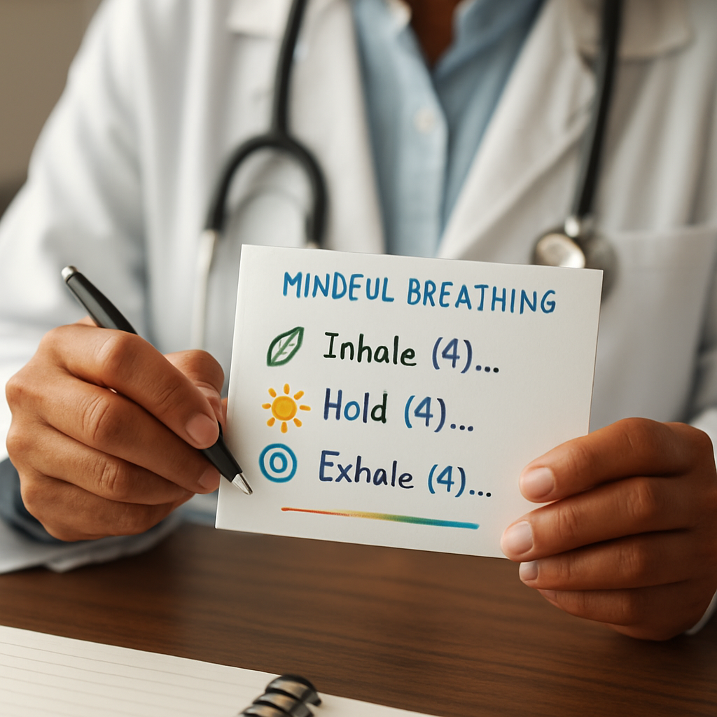A clinician customizing a mindful breathing script on a notecard, with personal symbols and colors. Alt: personalized mindful breathing script for healthcare professionals.