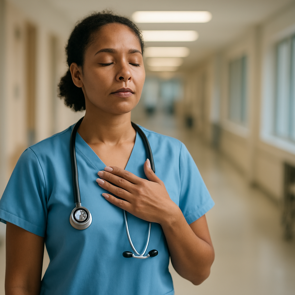 A nurse in a bright hospital hallway, eyes closed, hand on chest, inhaling deeply. Alt: Mindful breathing break for healthcare professionals, promoting calm in a busy clinical setting.
