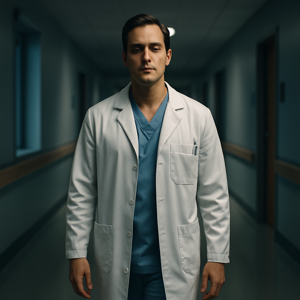 A clinician walking slowly down a hospital corridor with eyes softly focused, hands relaxed at sides. Alt: Walking meditation in the office for healthcare professionals, promoting mindfulness and stress reduction.