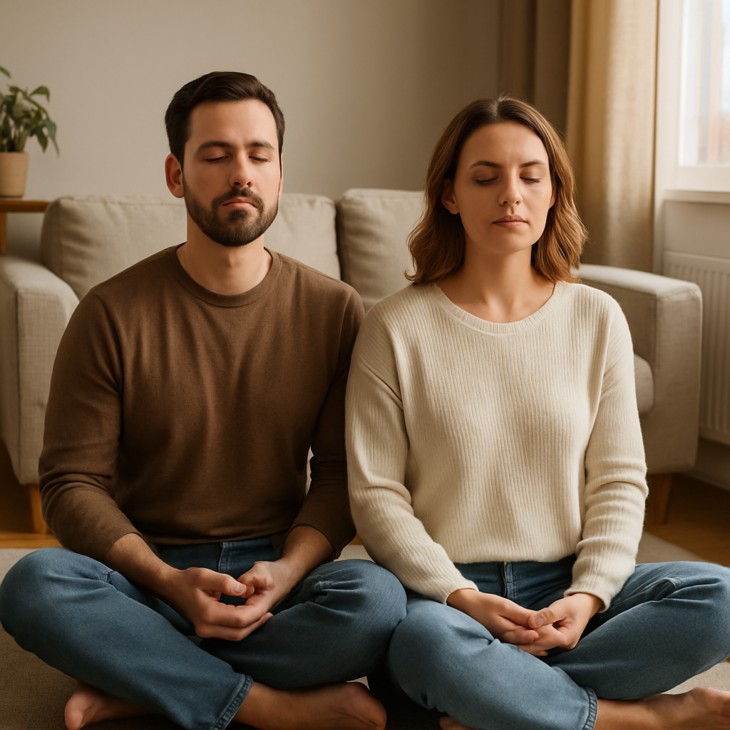 A couple sitting cross‑legged on a living room floor, eyes closed, breathing in sync, soft natural light. Alt: mindfulness exercises for couples during conflict breathing together.