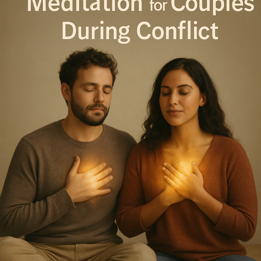 A warm couple sitting cross-legged, eyes closed, hands over heart, radiating gentle light. Alt: Loving‑Kindness meditation for couples during conflict