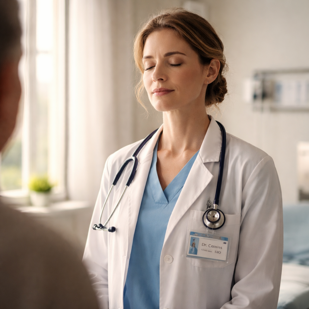 A cinematic, photorealistic scene of a clinician in a bright hospital exam room, gently closing their eyes for a breath pause before greeting a patient. Soft natural light streams through a window, highlighting the clinician’s calm expression. Alt: clinician using breath anchor during patient interaction.