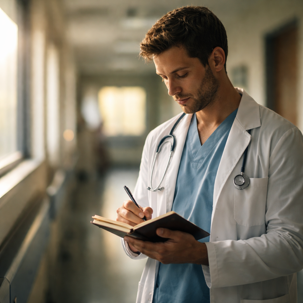 A cinematic, photorealistic scene of a clinician in a hospital hallway writing in a pocket-sized journal on a phone, soft natural light filtering through a window, showing focus and calm. Alt: clinician logging mindfulness insights in a daily log.