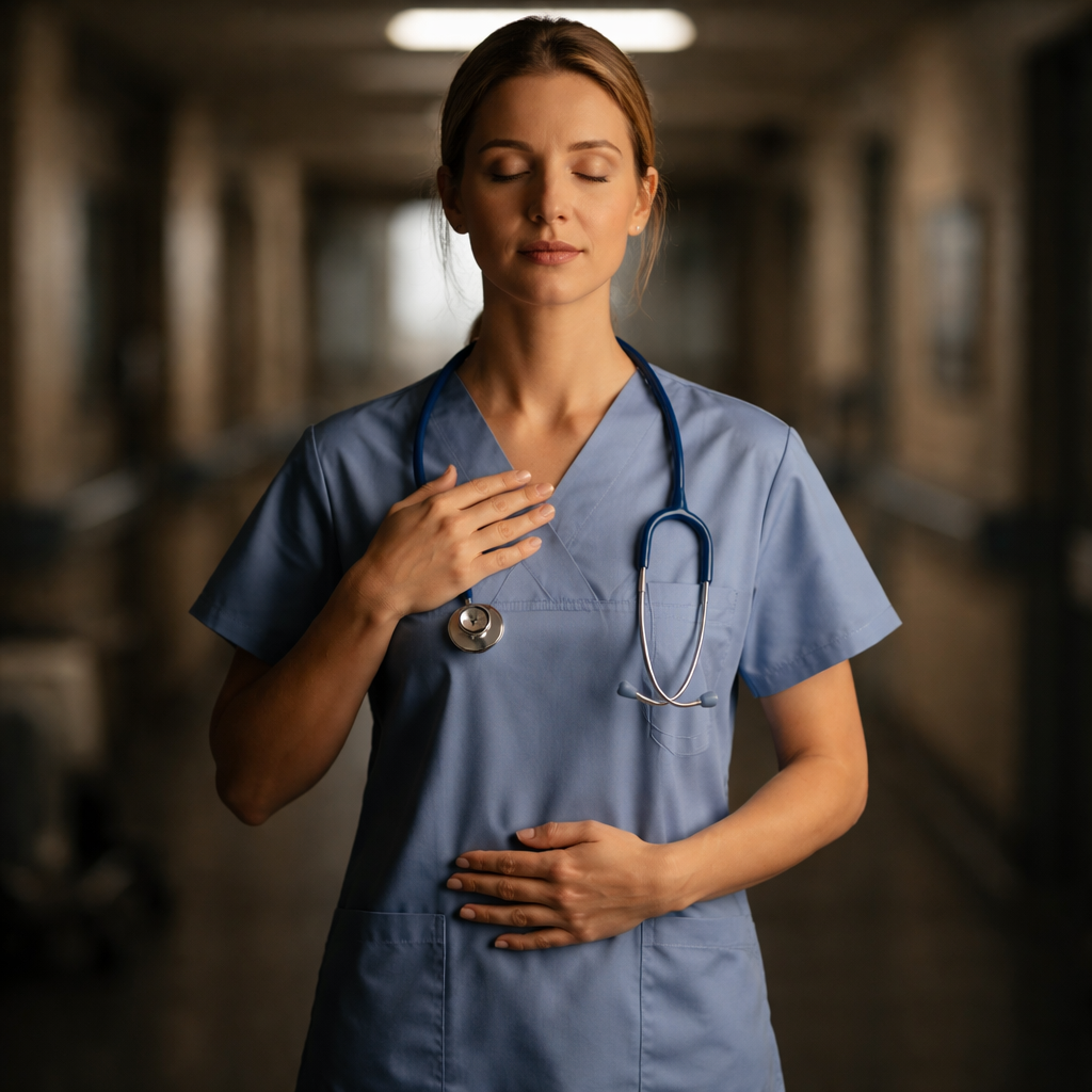 A cinematic, photorealistic scene of a nurse in a dimly lit hospital hallway, eyes closed, gently scanning her body from head to toe, soft light highlighting her calm posture. Alt: Mindful body scan for healthcare workers.