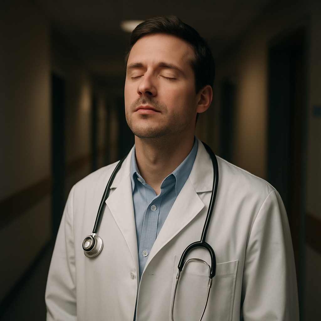 A physician standing in a quiet hallway, eyes closed, taking a deep breath with a stethoscope draped over the shoulder. Alt: Mindfulness for physicians – brief breathing pause in a clinical setting.