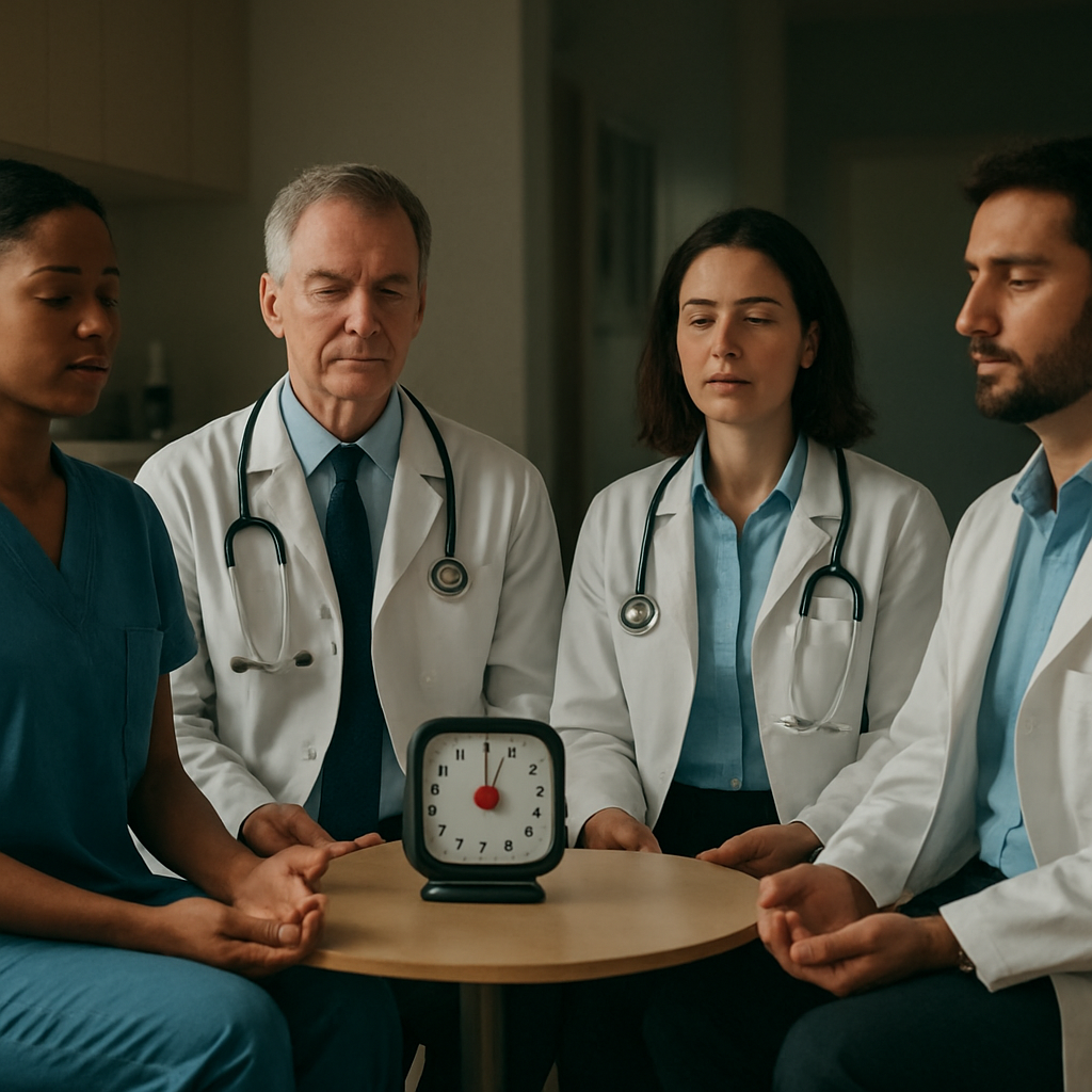 A group of physicians gathered around a small table with a timer, sharing a mindful breathing pause. Alt: physicians practicing mindfulness together in a hospital break room