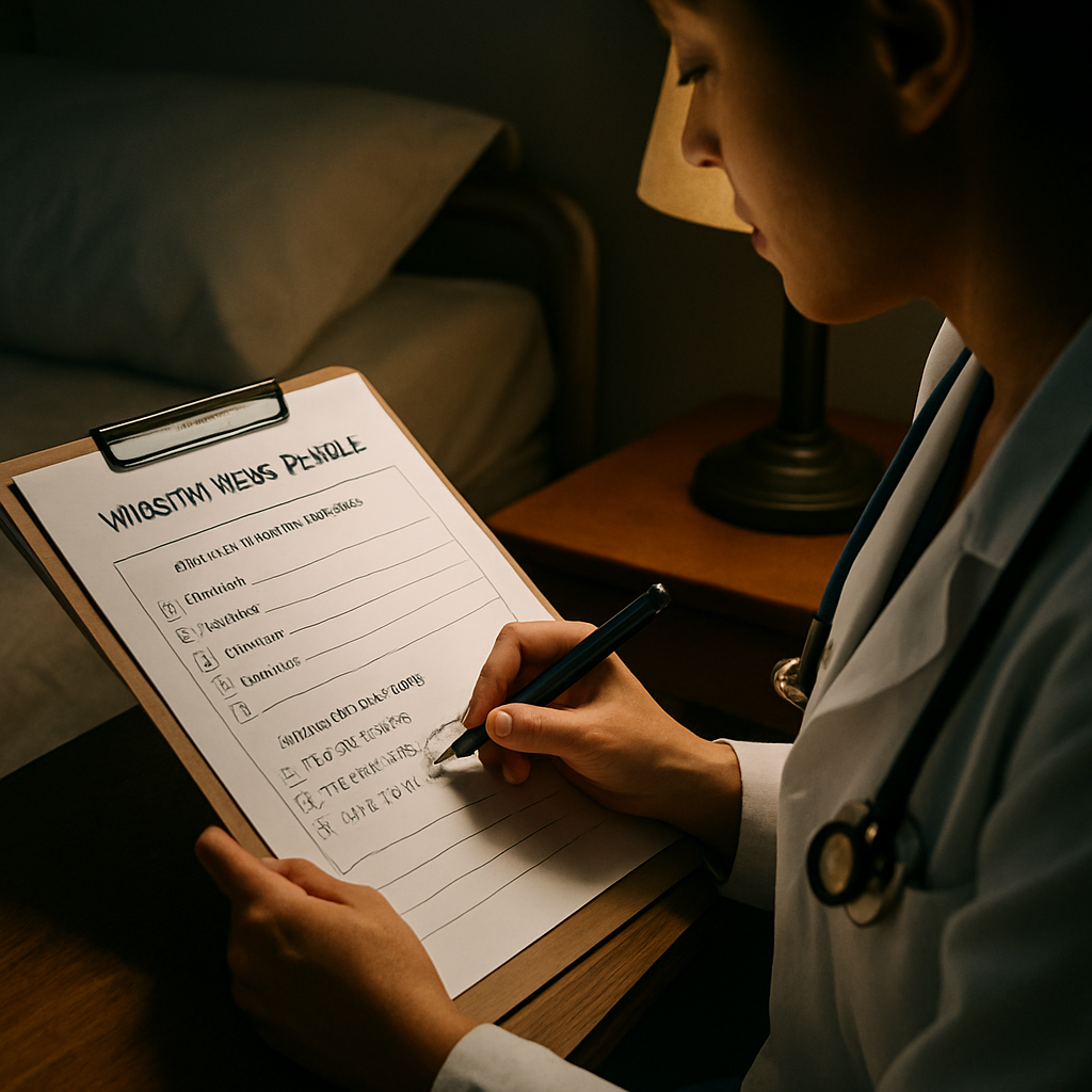 A clinician sitting at a bedside table, pen in hand, filling out a mindfulness journal PDF. Alt: mindfulness journal prompts pdf for healthcare professionals, showing a printable page with checkboxes and sensory prompts.