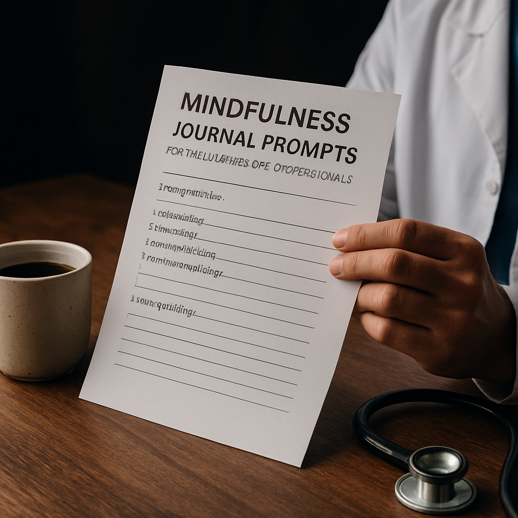 A clinician holding a printed mindfulness journal prompts pdf, with a coffee mug and stethoscope on a desk. Alt: mindfulness journal prompts pdf for healthcare professionals