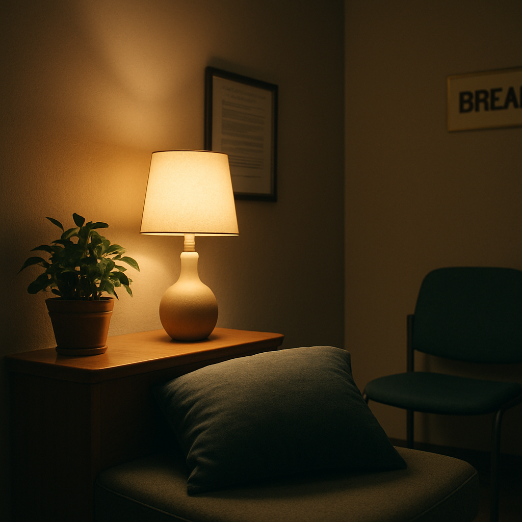 A quiet corner of a hospital break room with a soft lamp, a small pillow, and a potted plant, creating a calming micro‑space for a nurse to practice mindfulness meditation. Alt: Calm hospital break room meditation space for nurses.