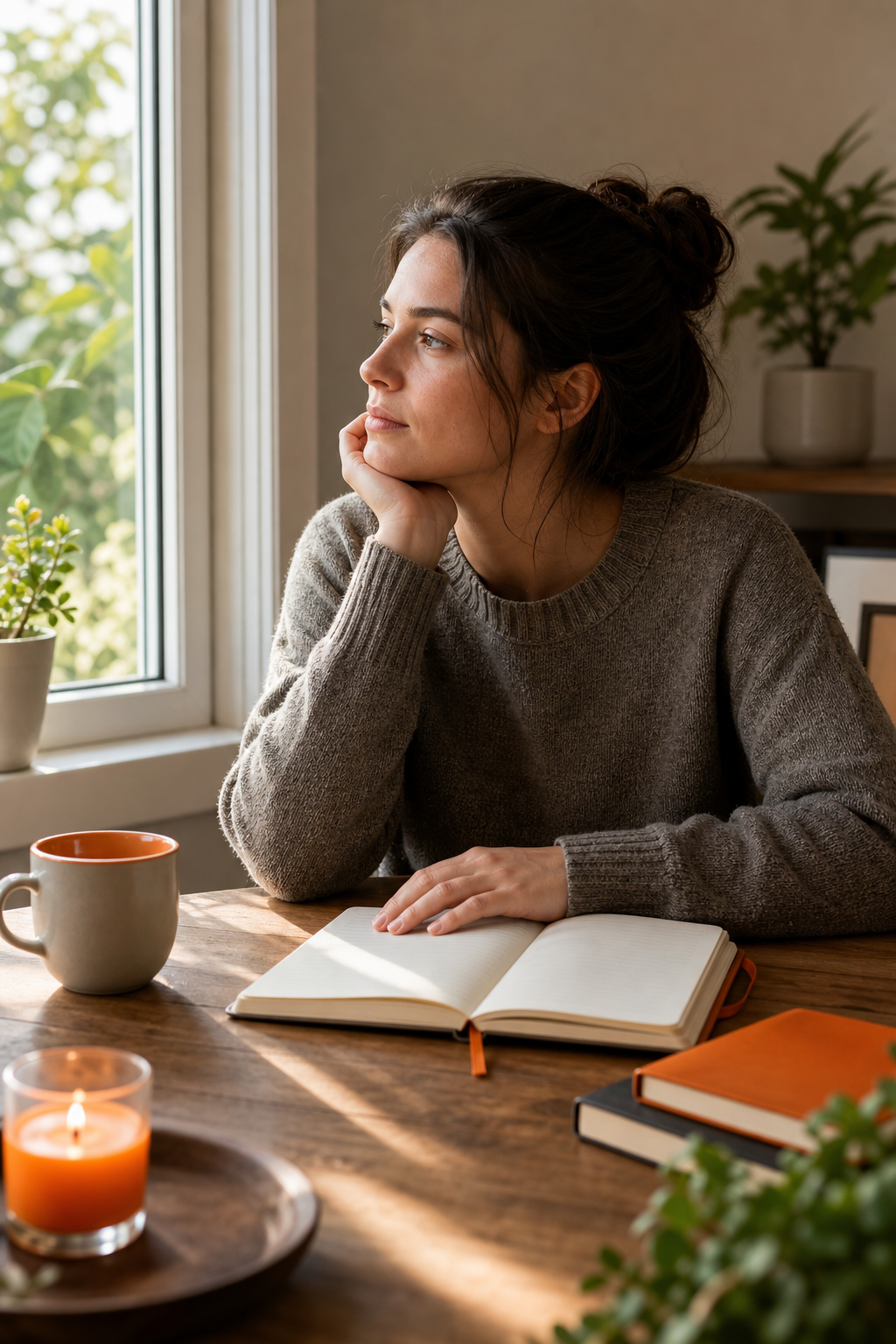 A warm, natural scene of a person sitting at a wooden desk near a sunlit window, resting their hand on a journal, looking calm and thoughtful. Alt: person facing stress head-on through reflective journaling at a calm desk.