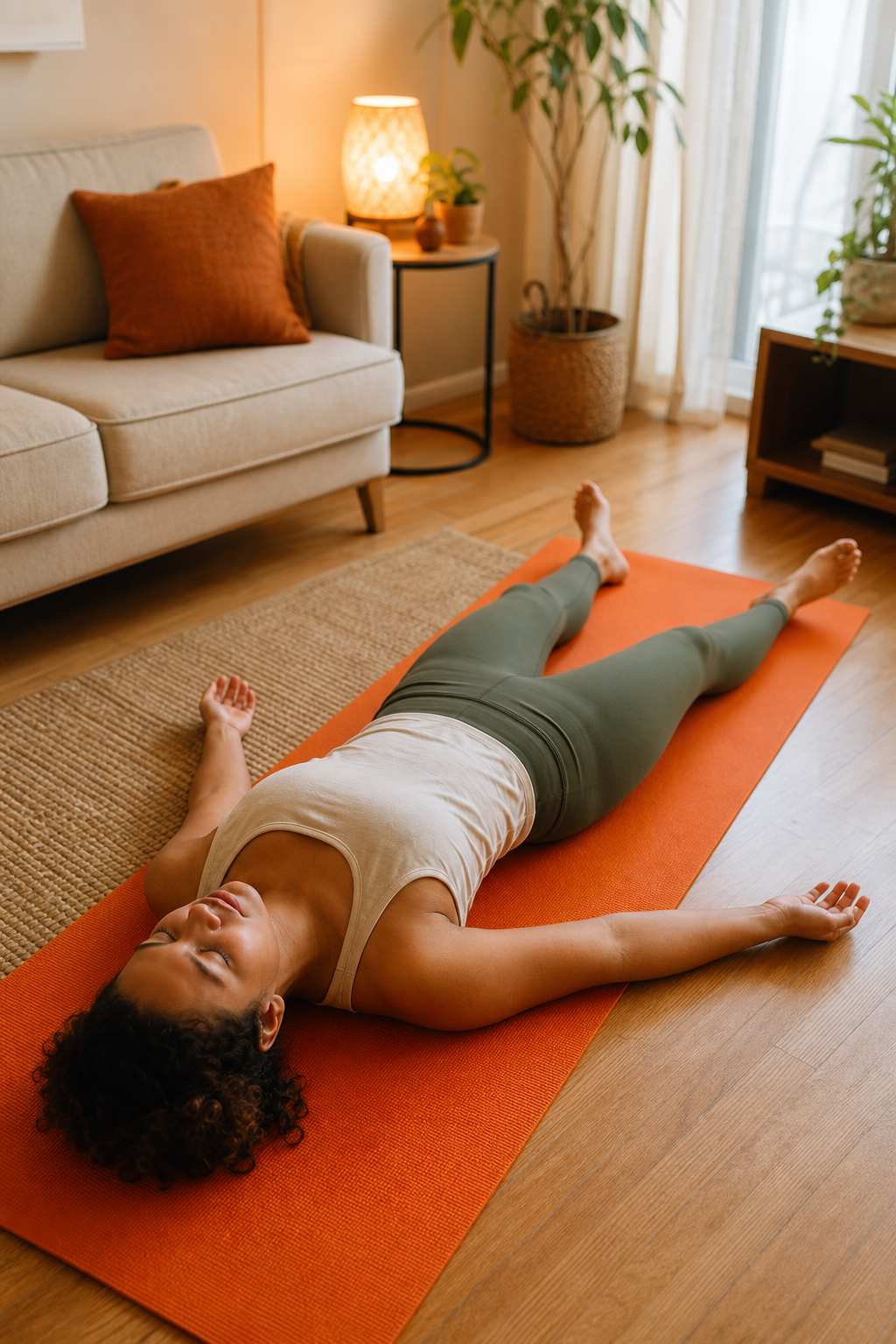 A person lying on a yoga mat in a calm, warmly lit living room, eyes closed, visibly relaxed, hands open at their sides. Alt: person practicing progressive muscle relaxation on a yoga mat in a calm home setting.