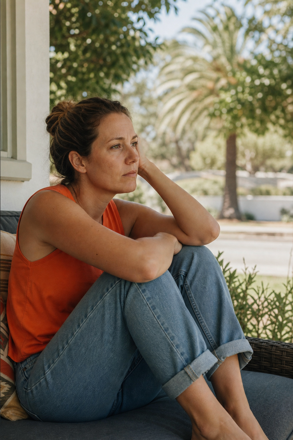 A warm, realistic photograph of a woman sitting alone on a shaded porch in summer, looking thoughtful and slightly tense, with sunlight filtering through trees in the background. Alt: woman experiencing summer anxiety outdoors in California.