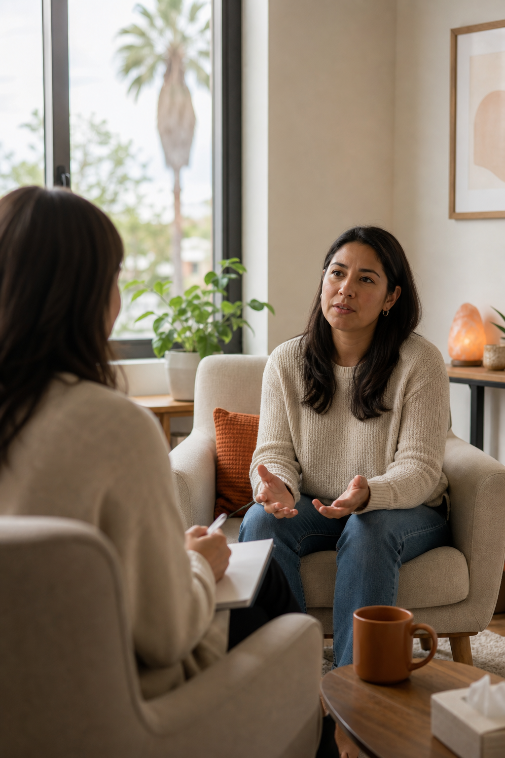 A warm, realistic photo of a person in a calm therapy office setting, sitting across from a therapist in a comfortable chair, both engaged in conversation with natural light coming through a window. Alt: individual therapy session for anxiety in California.