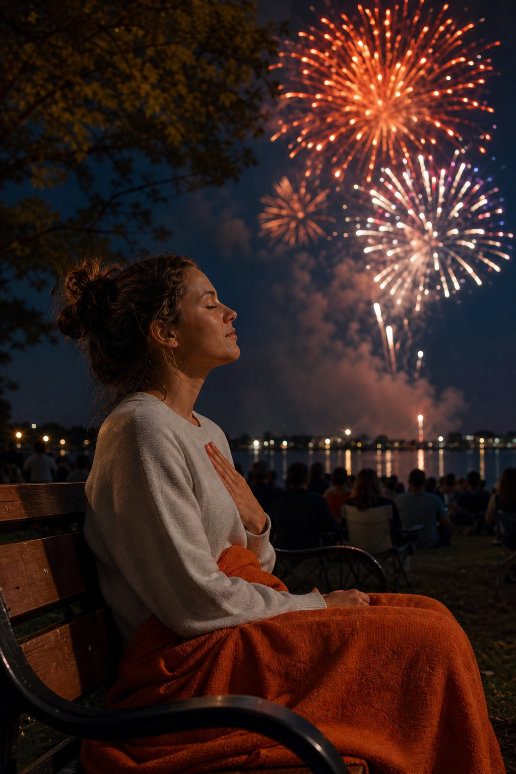 A realistic scene of a calm individual sitting on a park bench, eyes closed, quietly naming sensory details during a fireworks display. Alt: person practicing 5‑4‑3‑2‑1 grounding technique during July 4 fireworks.
