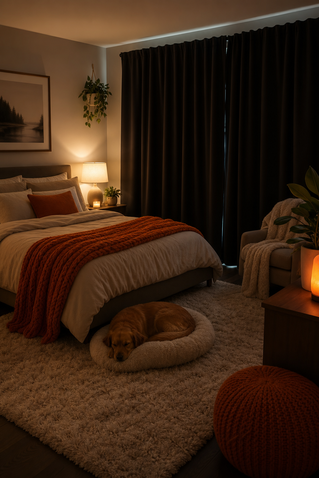 A realistic bedroom transformed into a quiet sanctuary with blackout curtains, a plush rug, and soft ambient lighting, ready for fireworks night. Alt: safe space setup for anxiety relief during July 4 fireworks.