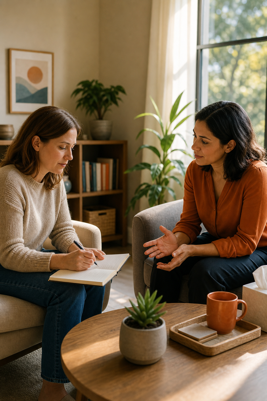 A calm therapist’s office with a client sitting on a comfortable chair, sunlight streaming through a window, both focusing on a notebook where the client writes down labeled emotions and a compassionate rewrite. Alt: therapist guiding client through MindShift anxiety tip.