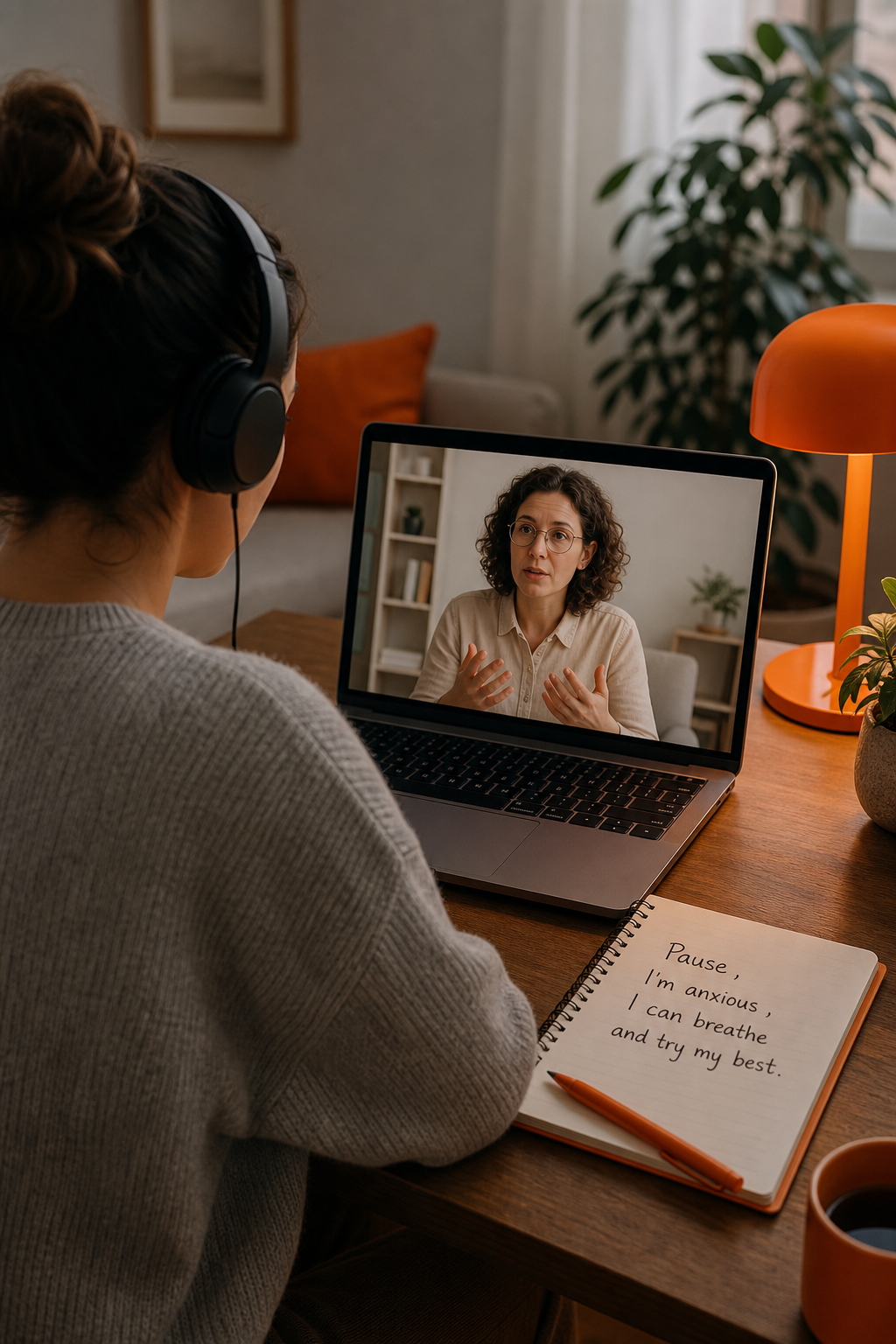 A cozy home office where a person sits at a laptop, headphones on, a notebook beside the screen with the words “Pause , I’m anxious , I can breathe and try my best.” Soft lighting creates a calm atmosphere. Alt: telehealth session showing a therapist and client working through the MindShift tip.