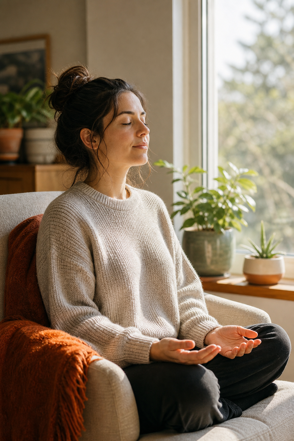 A warm, realistic photo of a person sitting quietly by a sunlit window, eyes closed, hands resting open in their lap, appearing calm and at peace in a comfortable indoor setting. Alt: person practicing anxiety acceptance therapy technique in a calm home environment.