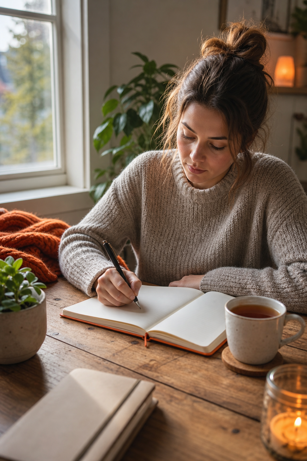 A warm, realistic scene of a person sitting at a wooden desk writing in a journal with a cup of tea nearby, natural light coming through a window, looking thoughtful and prepared. Alt: person using cope ahead DBT technique by writing a stress management plan in a journal.