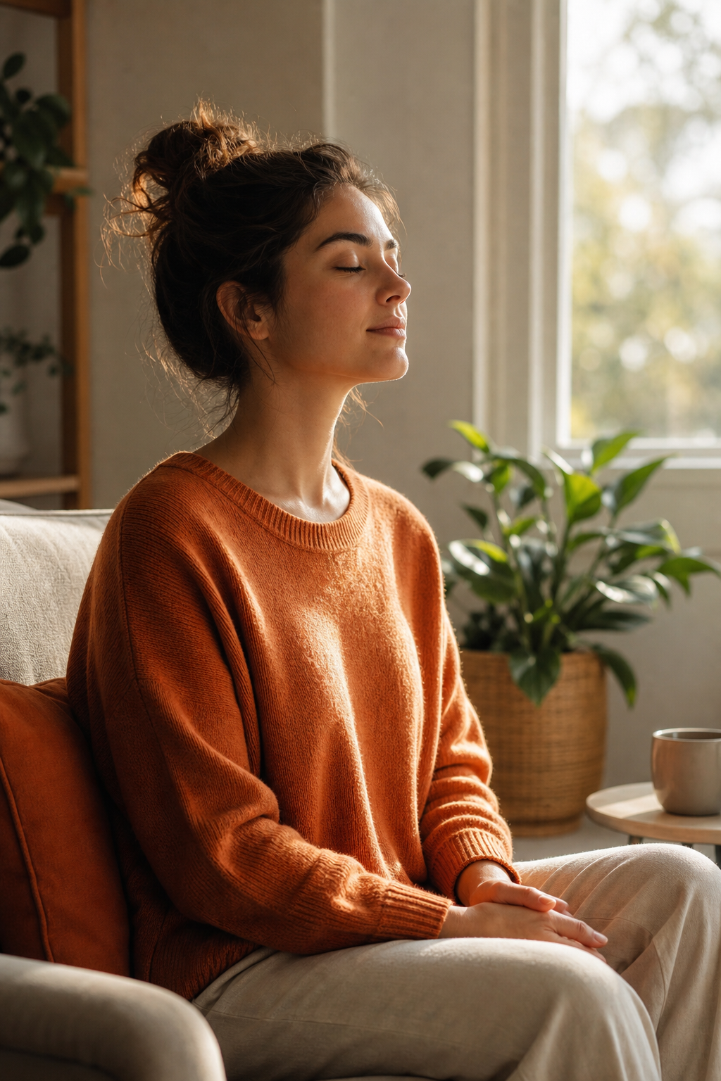 A warm, realistic photo of a person sitting near a sunlit window, eyes closed in a calm moment of reflection, hands resting in their lap, soft natural light filling the room. Alt: person practicing mindfulness and emotional reset during therapy.