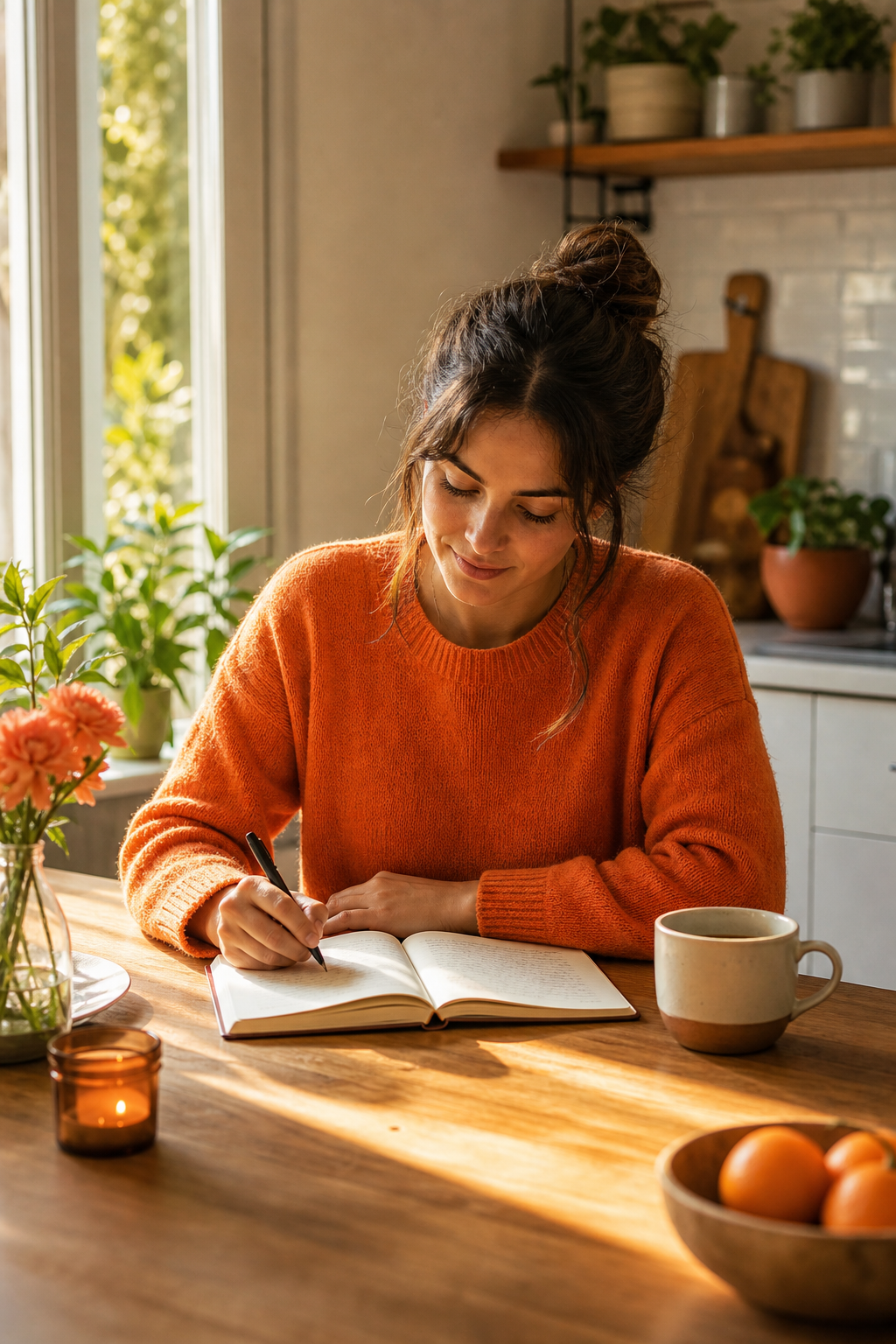 A warm, realistic scene of a person writing in a journal at a wooden kitchen table with morning light, a cup of tea nearby, looking calm and focused. Alt: person building a daily mental health habit with journaling and mindfulness practice.