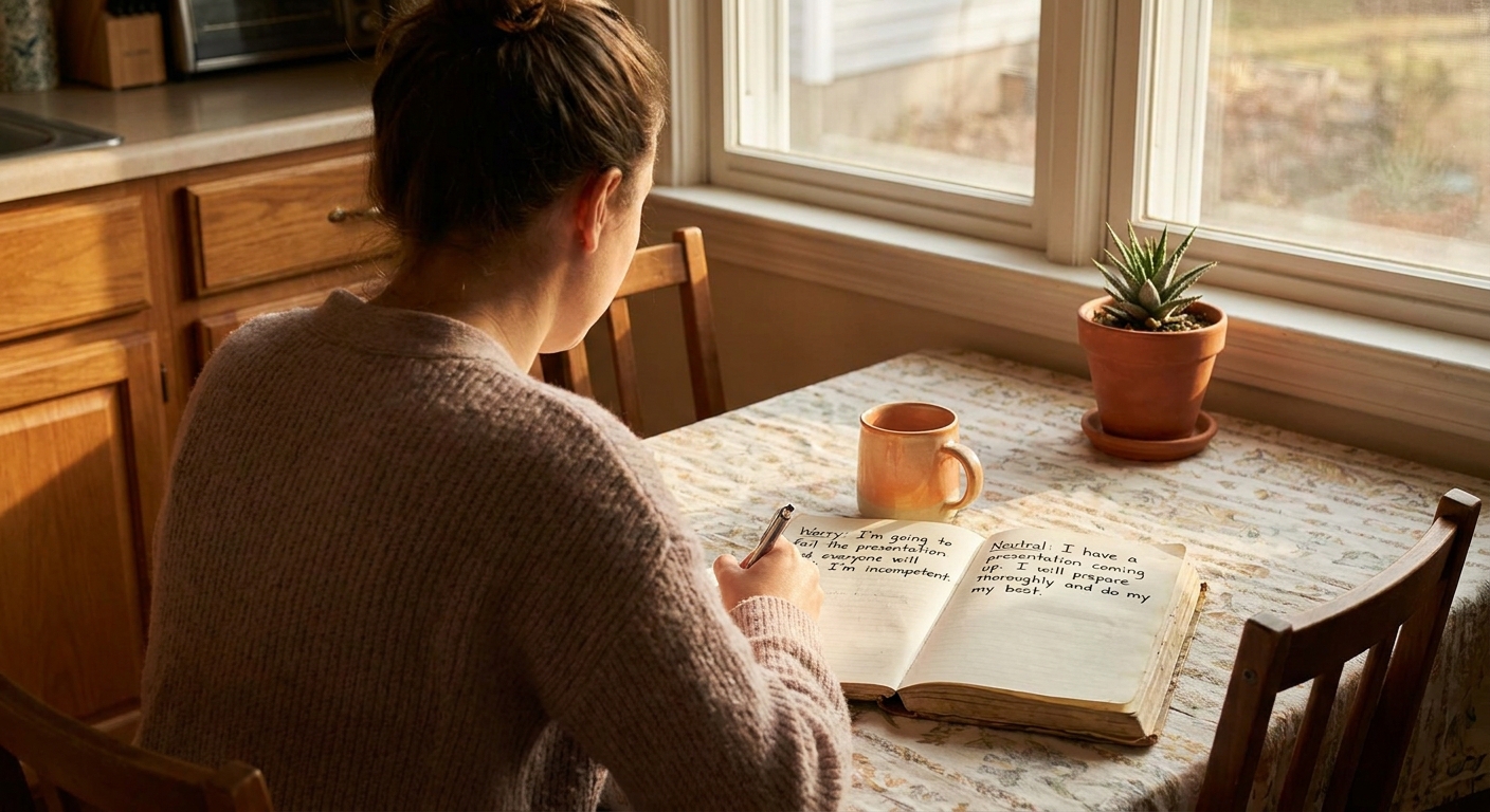 A realistic scene of a person sitting at a kitchen table, notebook open, writing a worry and rewriting it in neutral language, warm natural light, calm atmosphere. Alt: mindshift therapy tip June 1 exercise
