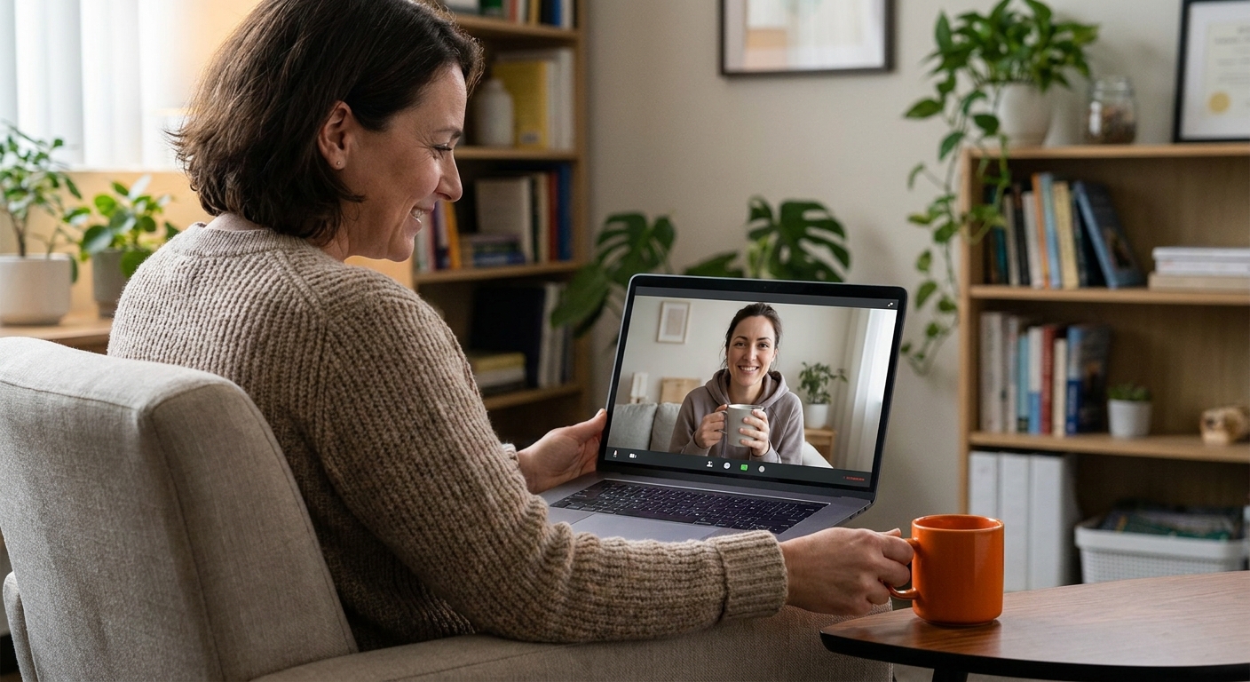 A realistic portrait of a therapist in a calm office, sitting across from a client on a video call, both appearing relaxed, soft lighting, showing a supportive tele‑therapy session. Alt: signs you may need extra support mental health